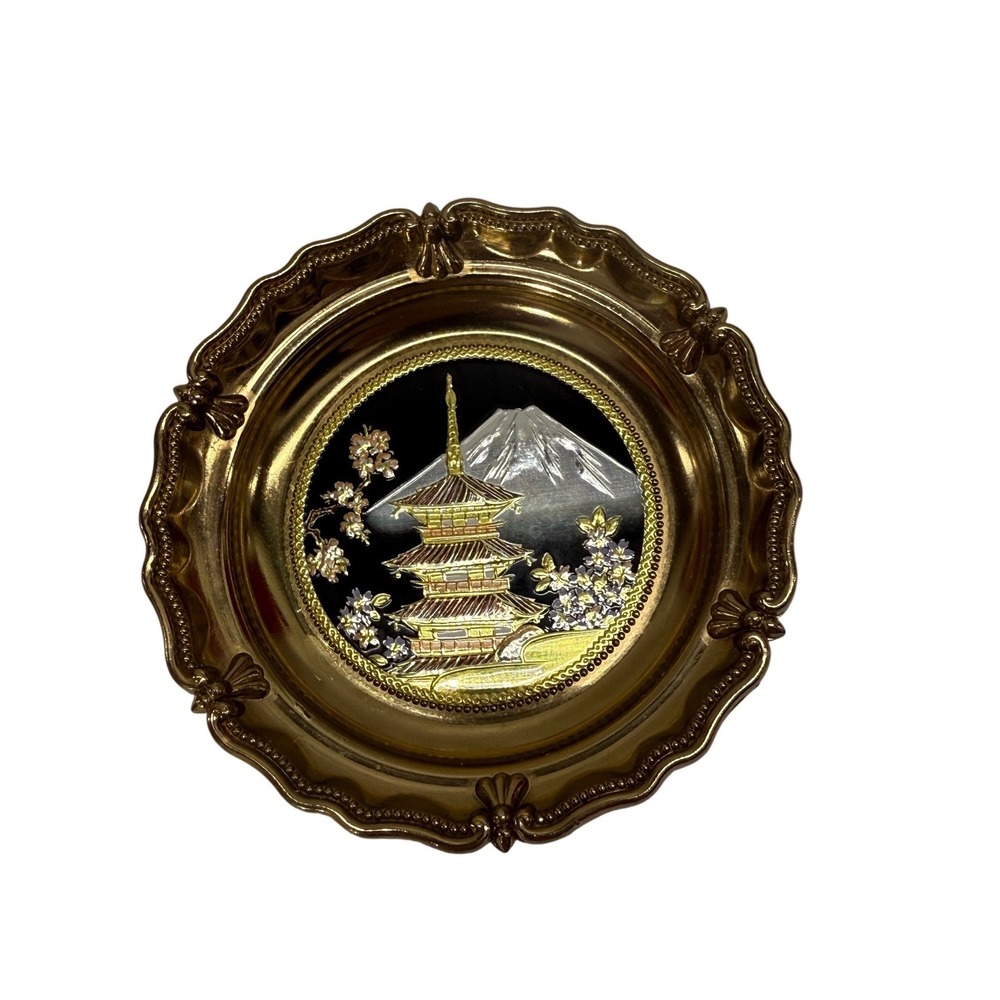 Vintage Chokin Art Plate Japanese Pagoda Mount Fuji Gold Silver Tone Decorative